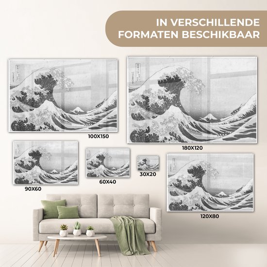 ® Glasschilderij 90x60 cm - Schilderij acrylglas - De grote golf bij Kanagawa - Schilderij van Katsushika Hokusai - Foto op glas - Muurdecoratie woonkamer - Wanddecoratie slaapkamer - Schilderijen