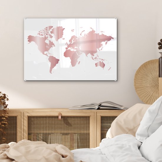 Tableau sur verre MuchoWow® 60x40 cm - Tableau sur verre acrylique - Wereldkaart - Rose - Enfants - Garçons - Filles - Photo sur verre - Décoration murale salon - Décoration murale chambre - Peintures