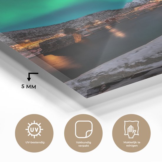 MuchoWow® Peinture sur verre 90x120 cm - Peinture sur verre acrylique - Aurores boréales - Islande - Neige - Village - Vert - Montagnes - Photo sur verre - Peintures