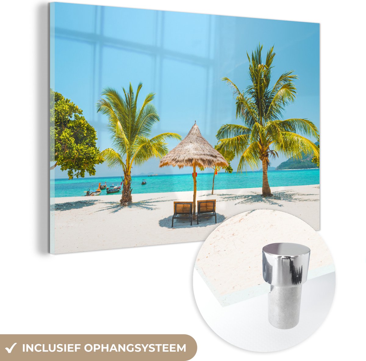 ® Glasschilderij 180x120 cm - Schilderij acrylglas - Strand - Parasol - Palmboom - Foto op glas - Muurdecoratie woonkamer - Wanddecoratie slaapkamer - Schilderijen