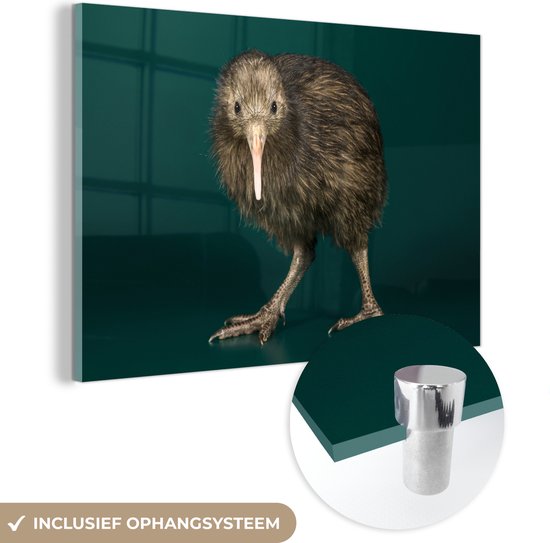 MuchoWow® Glasschilderij 30x20 cm - Schilderij acrylglas - Kiwi - Vogel - Groen - Foto op glas - Schilderijen