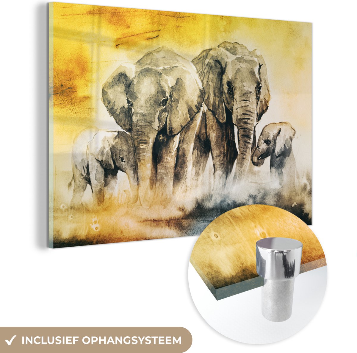 ® Glasschilderij 30x20 cm - Schilderij acrylglas - Olifant - Aquarelverf - Familie - Foto op glas - Muurdecoratie woonkamer - Wanddecoratie slaapkamer - Schilderijen