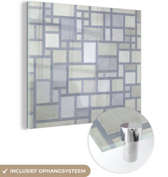 MuchoWow® Glasschilderij 20x20 cm - Schilderij acrylglas - Compositie met een raster - Piet Mondriaan - Foto op glas - Schilderijen
