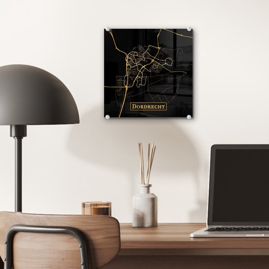 Peinture sur Verre - Carte - Dordrecht - Or - Zwart - 20x20 cm - Peintures sur Verre Peintures - Photo sur Glas