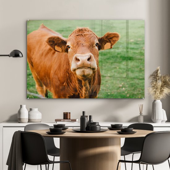 MuchoWow® Peinture sur verre 90x60 cm - Peinture sur verre acrylique - Vache - Marron - Herbe - Photo sur verre - Peintures