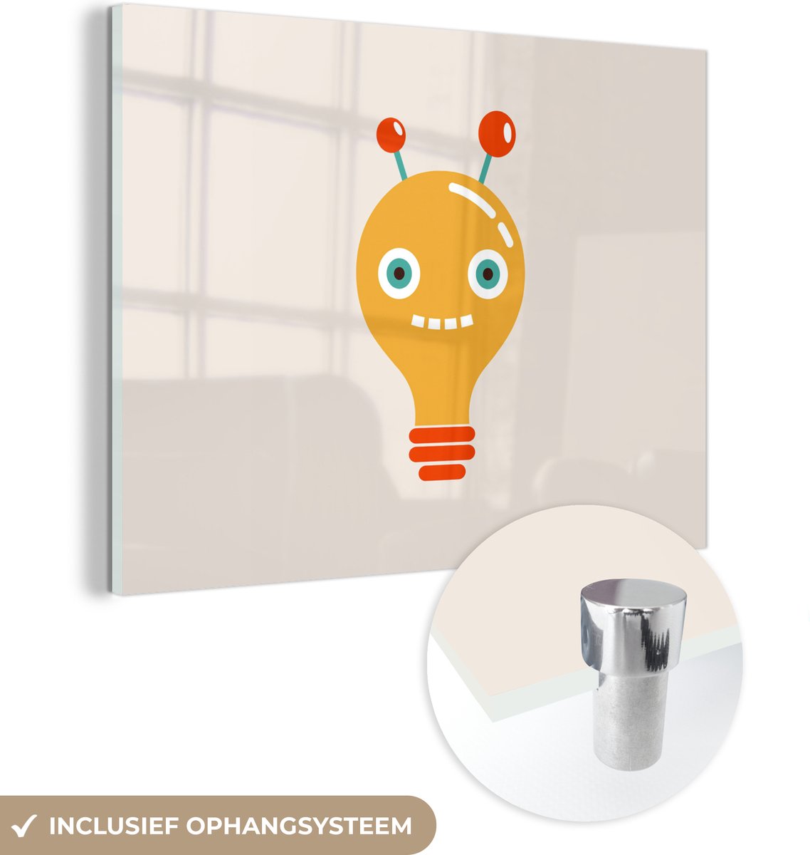 ® Glasschilderij 160x120 cm - Schilderij acrylglas - Robot - Gloeilamp - Gezicht - Antenne