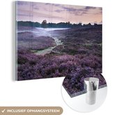 MuchoWow® Glasschilderij 150x100 cm - Schilderij acrylglas - Mist in de heide - Foto op glas - Schilderijen