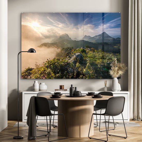 MuchoWow® Peinture sur verre - Berg dans la brume - 150x100 cm - Peintures sur verre acrylique - Photo sur Glas