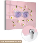 MuchoWow® Peinture sur verre 120x90 cm - Peinture acrylique sur verre - Lunettes de soleil avec marguerites - Photo sur verre - Peintures