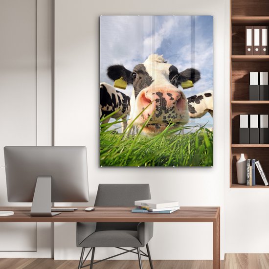 MuchoWow® Peinture sur verre 90x120 cm - Peinture sur verre acrylique - Vache - Ferme - Herbe - Animaux - Photo sur verre - Peintures