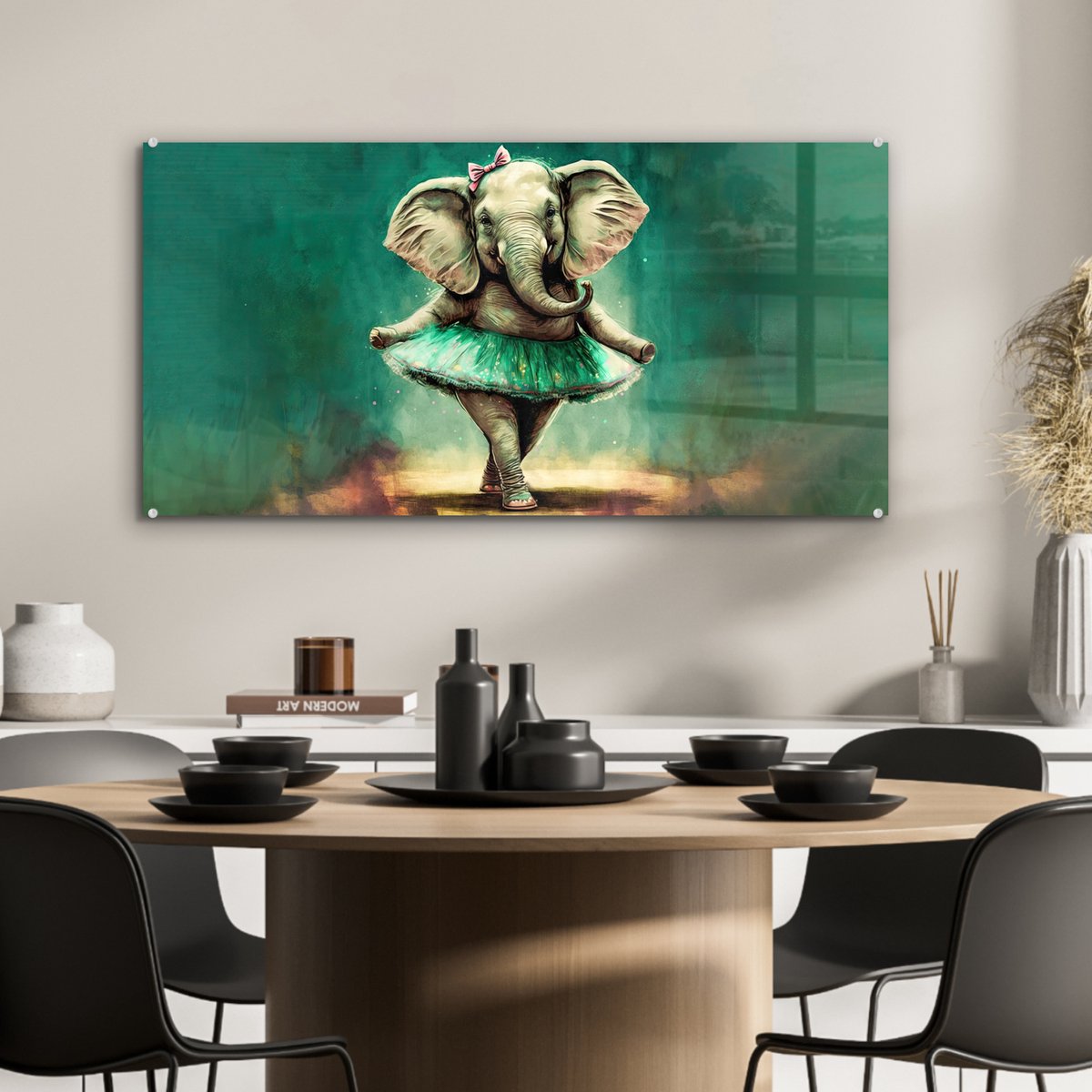MuchoWow® Glasschilderij 80x40 cm - Schilderij acrylglas - Olifant - Ballerina - Verf - Strik - Portret - Kinderen - Foto op glas - Schilderijen