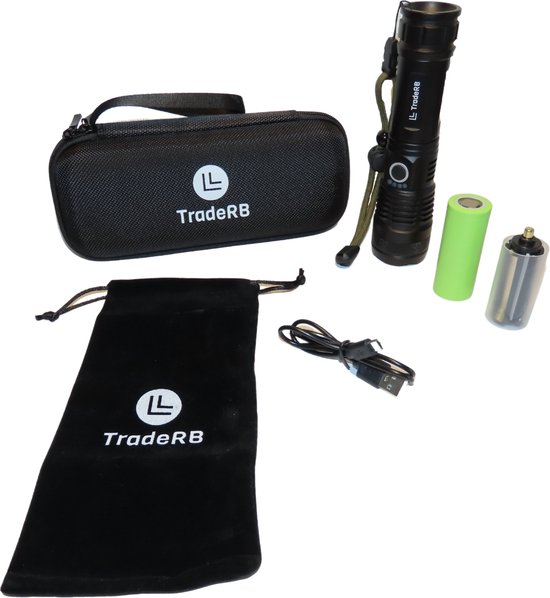 TradeRB® Militaire LED Zaklamp - USB Oplaadbaar - Inclusief 5000 mAh Batterij & Opbergdoos - 20 Branduren - Zoomfunctie - Telescopische Lens - voor Kamperen & Wandelen - 3000 Lumen - Aluminium – Zwart