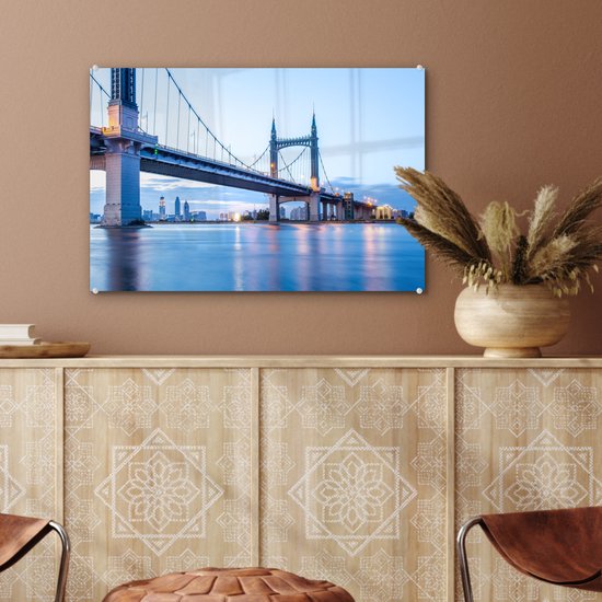 ® Glasschilderij 60x40 cm - Schilderij acrylglas - De brug over de rivier die naar Harbin loopt - Foto op glas - Muurdecoratie woonkamer - Wanddecoratie slaapkamer - Schilderijen