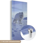 MuchoWow® Glasschilderij 80x160 cm - Schilderij acrylglas - Vos - Sneeuw - Bergen - Foto op glas - Schilderijen