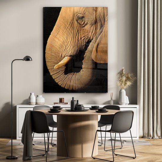MuchoWow® Peinture sur verre 90x120 cm - Peinture sur verre acrylique - Éléphant - Animaux - Gros plan - Zwart - Photo sur verre - Peintures