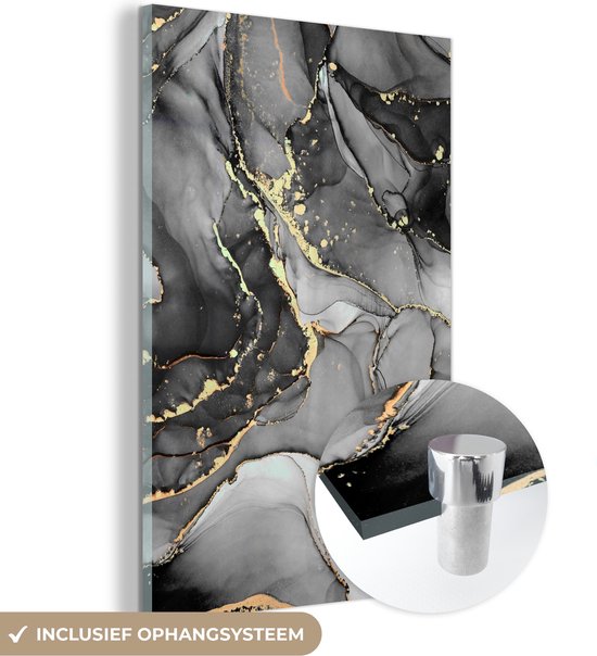 ® Glasschilderij 100x150 cm - Schilderij acrylglas - Marmer - Zwart - Goud - Grijs - Foto op glas - Muurdecoratie woonkamer - Wanddecoratie slaapkamer - Schilderijen