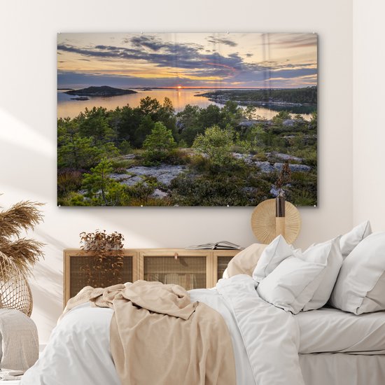 MuchoWow® Peinture sur verre 150x100 cm - Peinture sur verre acrylique - Coucher de soleil sur la côte suédoise - Photo sur verre - Peintures