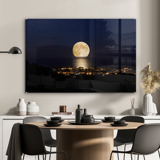 MuchoWow® Peinture sur verre - Lune - Mer - Ville - 120x80 cm - Peintures acrylique - Photo sur Glas