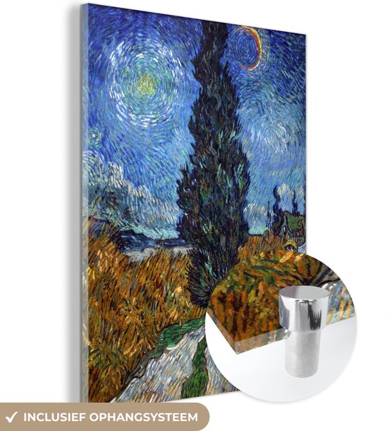 MuchoWow® Glasschilderij 30x40 cm - Schilderij acrylglas - Weg met cipres en ster - Vincent van Gogh - Foto op glas - Schilderijen