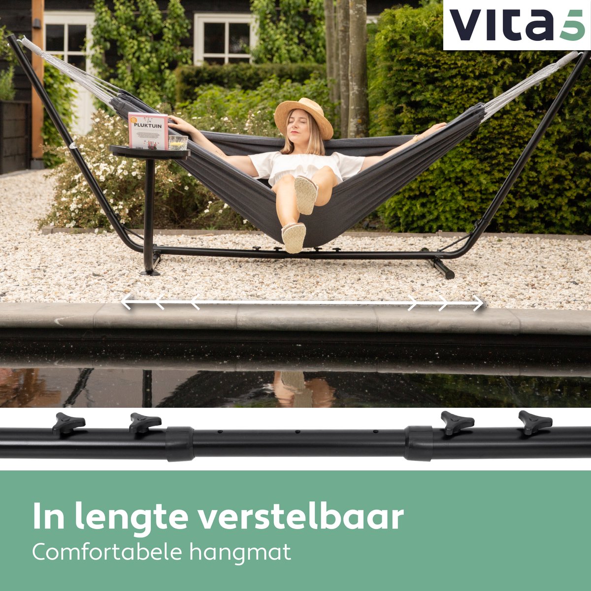 Hangmat met Standaard 2 persoons met bekerhouder, 2 personen / 205kg, 210 * 140, met Draagtas (Grijs) VITA5