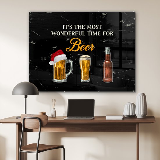 MuchoWow® Peinture sur Verre - Noël - Bières - C'est le moment le plus merveilleux pour la bière - Bonnet de Noel - Proverbes - Citations - 120x90 cm - Peintures sur Verre Acrylique - Photo sur Glas