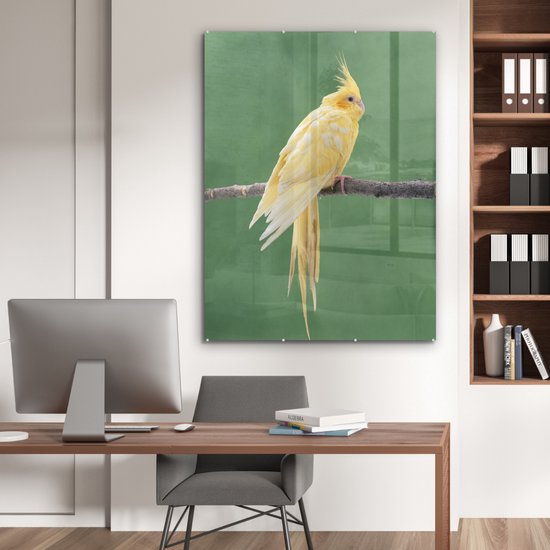 MuchoWow® Peinture sur verre - Calopsitte jaune sur un bâton - 90x120 cm - Peintures sur verre acrylique - Photo sur Glas