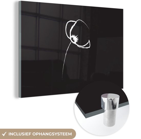 MuchoWow® Glasschilderij 30x20 cm - Schilderij acrylglas - Bloem - Zwart - Wit - Line art - Foto op glas - Schilderijen
