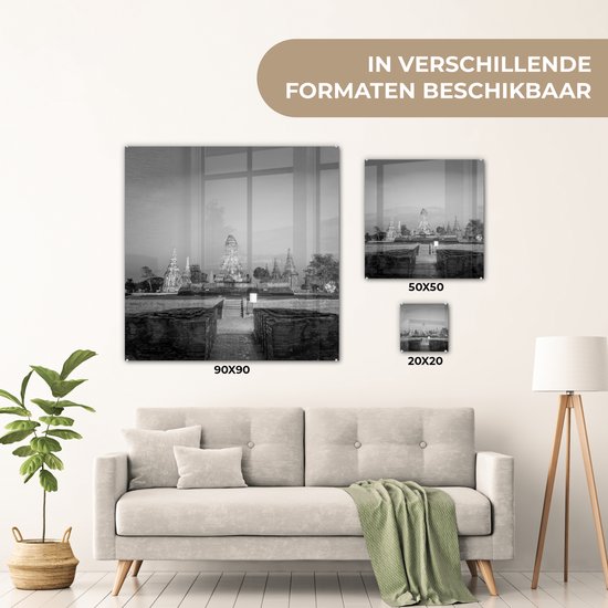 MuchoWow® Peinture sur verre 90x90 cm - Peinture sur verre - Tours Wat Chaiwatthanaram, Thaïlande - Zwart- Wit - Photo sur verre acrylique - Peintures