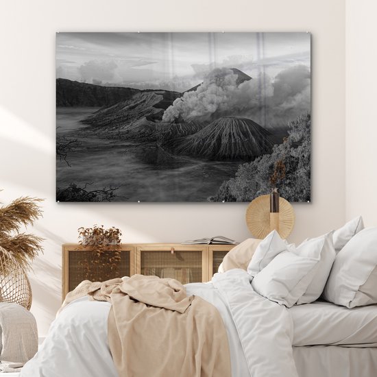 MuchoWow® Peinture sur verre 180x120 cm - Peinture sur verre acrylique - Indonésie - Volcan - Zwart - Wit - Photo sur verre - Peintures