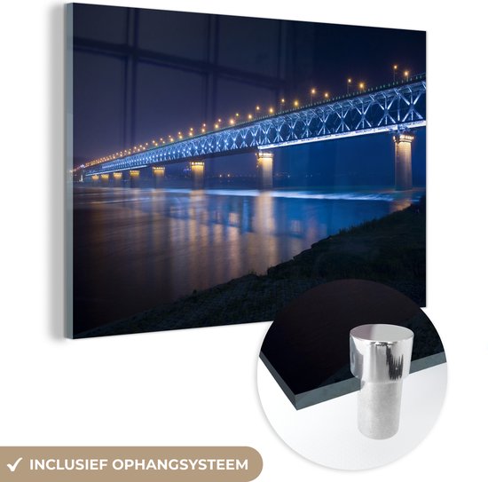 MuchoWow® Peinture sur verre 150x100 cm - Peinture sur verre acrylique - Pont Wuhan-Yangtze de couleur Blauw la nuit à Wuhan - Photo sur verre - Peintures