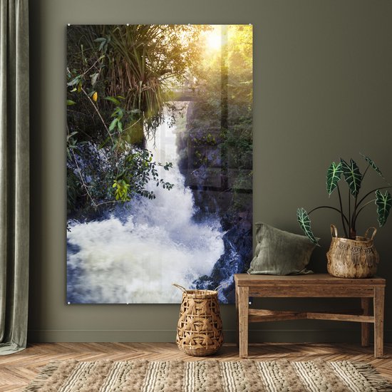 ® Glasschilderij 100x150 cm - Schilderij acrylglas - Prachtige foto van het landschap van het Nationaal park Iguazú met een doorbrekende zon - Foto op glas - Muurdecoratie woonkamer - Wanddecoratie slaapkamer - Schilderijen