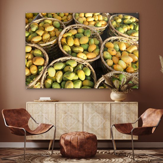 MuchoWow® Peinture sur verre 150x100 cm - Peinture sur verre acrylique - Mango - Jaune - Vert - Panier - Photo sur verre - Peintures