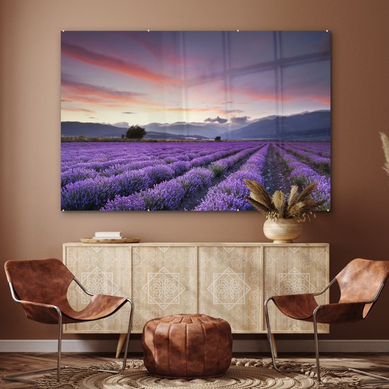 MuchoWow® Peinture sur verre 150x100 cm - Peinture sur verre acrylique - Coucher de soleil sur les lavandes - Photo sur verre - Peintures