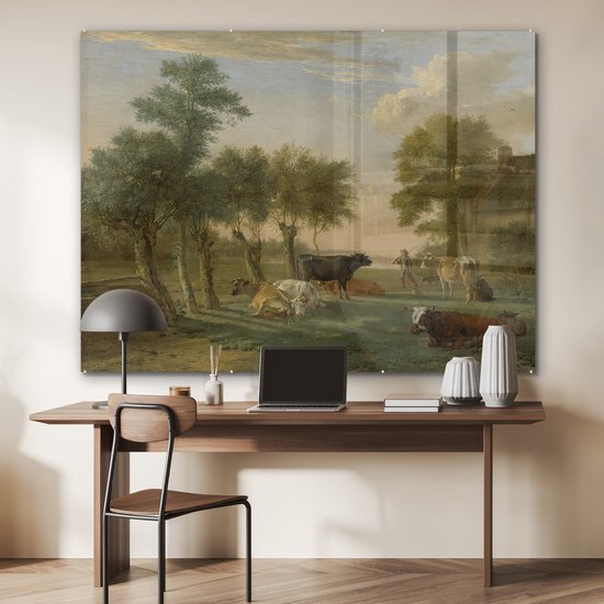 MuchoWow® Peinture sur verre 160x120 cm - Peinture sur verre acrylique - Vaches dans le pré dans une ferme - Peinture de Paulus Potter - Photo sur verre - Peintures