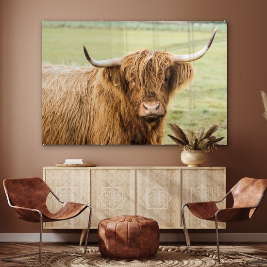 MuchoWow® Glasschilderij 180x120 cm - Schilderij acrylglas - Schotse hooglander - Hoorn - Gras - Foto op glas - Schilderijen