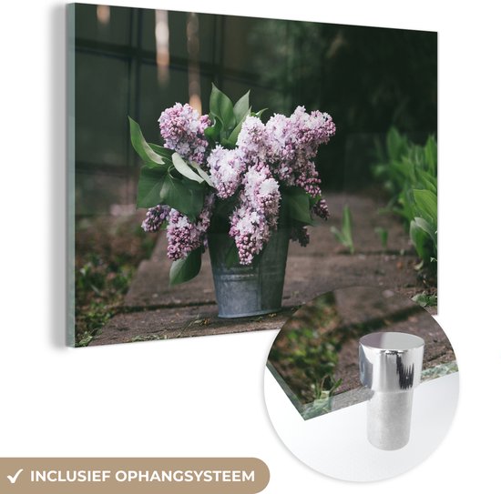 MuchoWow® Peinture sur verre 30x20 cm - Peinture sur verre acrylique - Lilas dans un seau - Photo sur verre - Peintures