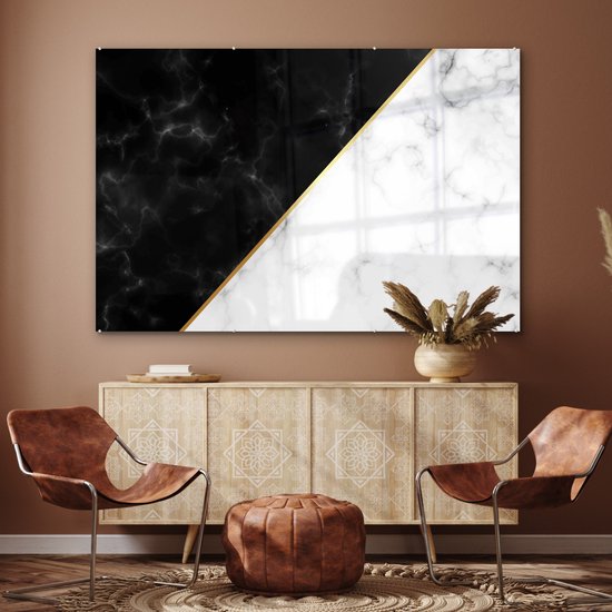 MuchoWow® Peinture sur verre 150x100 cm - Peinture acrylique sur verre - Marbre - Wit - Zwart - Or - Photo sur verre - Peintures