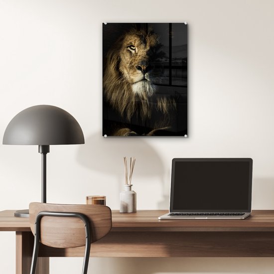MuchoWow® Peinture sur verre - Lion - Lumière - Zwart - 30x40 cm - Peintures sur verre acrylique - Photo sur Glas