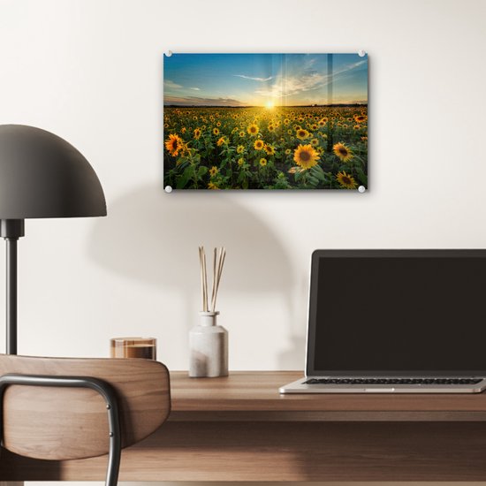 Peinture sur verre - Décoration murale - Fleurs - Tournesol - Jaune - Ciel - Peinture sur verre - Photo sur verre - Peinture fleurs - Verre acrylique - 30x20 cm - Décoration murale