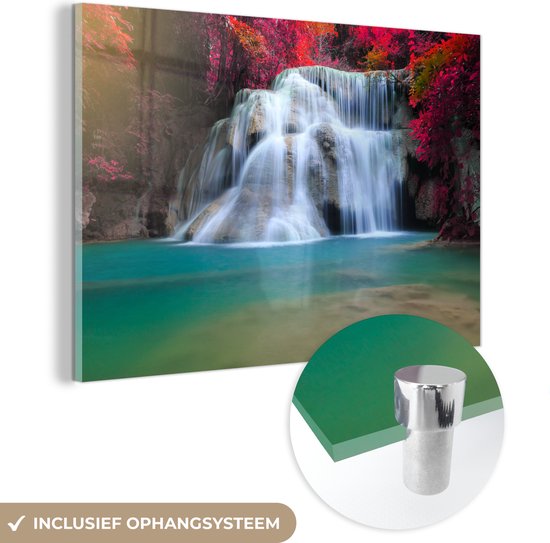 Peinture sur verre - Plaque acrylique - Cascade - Érable japonais - Rouge - Water - Photo sur verre - Verre acrylique - Peinture sur Verres - Décoration de chambre - 30x20 cm - Décoration murale