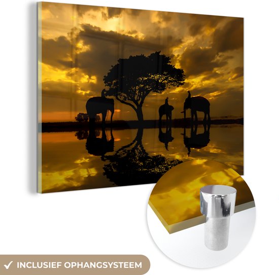 MuchoWow® Glasschilderij 60x40 cm - Schilderij acrylglas - Silhouet van Thaise olifanten tijdens zonsopgang - Foto op glas - Schilderijen