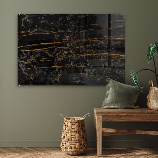 MuchoWow® Peinture sur Verre - Marbre - Zwart - Or - Veine - 120x80 cm - Peintures sur Verre Acrylique - Photo sur Glas
