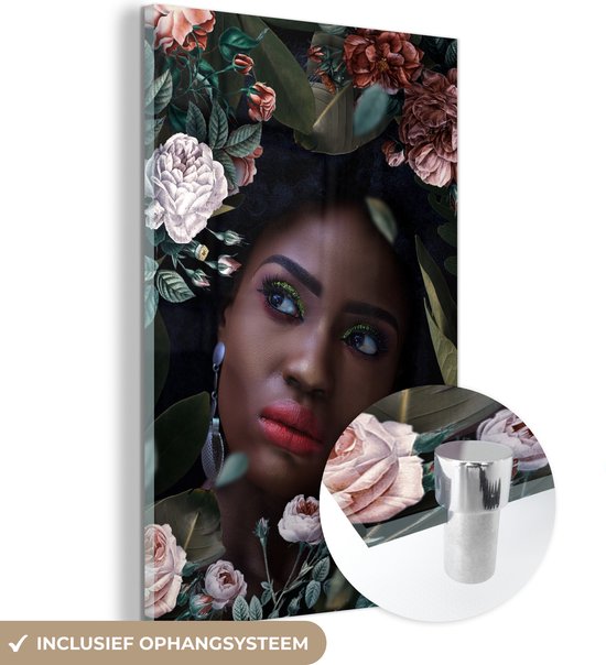 MuchoWow® Glasschilderij 40x60 cm - Schilderij acrylglas - Vrouw - Bloemen - Make up - Foto op glas - Schilderijen