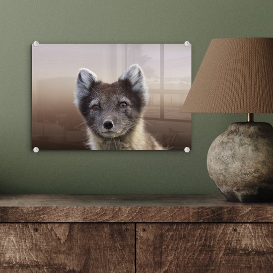 MuchoWow® Glasschilderij 30x20 cm - Schilderij acrylglas - Vos - Welp - Vacht - Foto op glas - Schilderijen