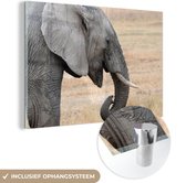 MuchoWow® Glasschilderij 60x40 cm - Schilderij acrylglas - Close-up van een olifant met open bek - Foto op glas - Schilderijen