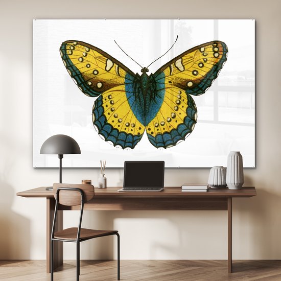 MuchoWow® Glasschilderij 180x120 cm - Schilderij acrylglas - Vintage - Vlinder - Geel - Foto op glas - Schilderijen