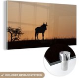 MuchoWow® Glasschilderij 80x40 cm - Schilderij acrylglas - Silhouet van een gnoe tijdens zonsondergang - Foto op glas - Schilderijen