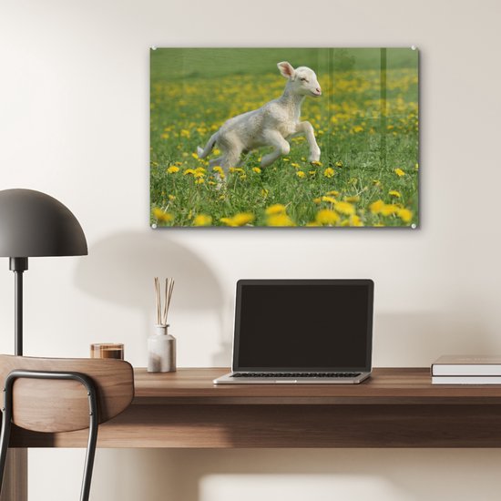 MuchoWow® Peinture sur verre 60x40 cm - Peinture sur verre acrylique - Moutons - Fleurs - Jaune - Photo sur verre - Peintures