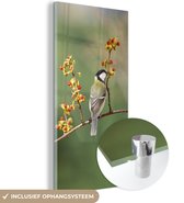 MuchoWow® Glasschilderij 60x120 cm - Schilderij acrylglas - Koolmees op een kleurrijke tak - Foto op glas - Schilderijen