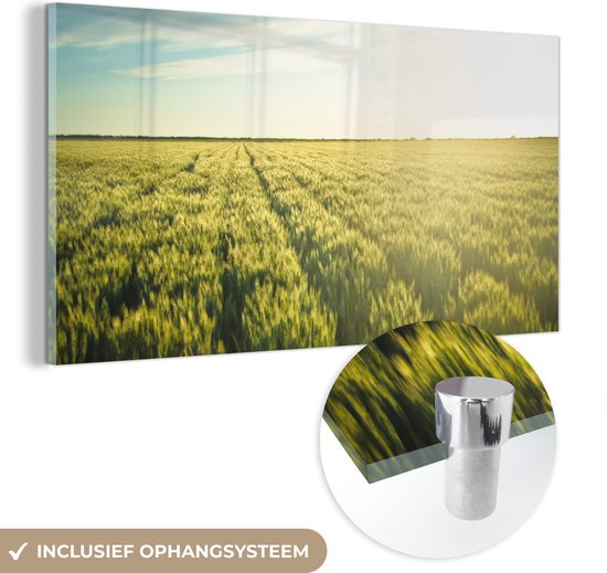 MuchoWow® Glasschilderij 120x60 cm - Schilderij acrylglas - Landbouw in de vroege ochtend - Foto op glas - Schilderijen